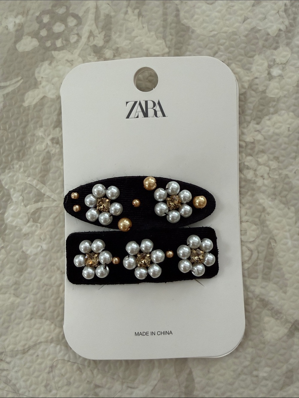 ZARA Black Clips with Pearl & Gold-Accent Floral Detail